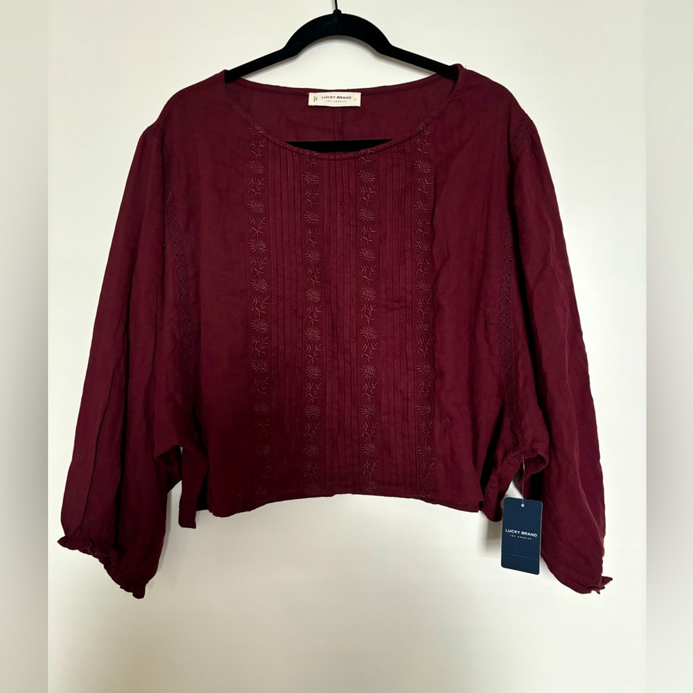 Lucky Brand embroidered round neck boxy blouse in Port Royale.
